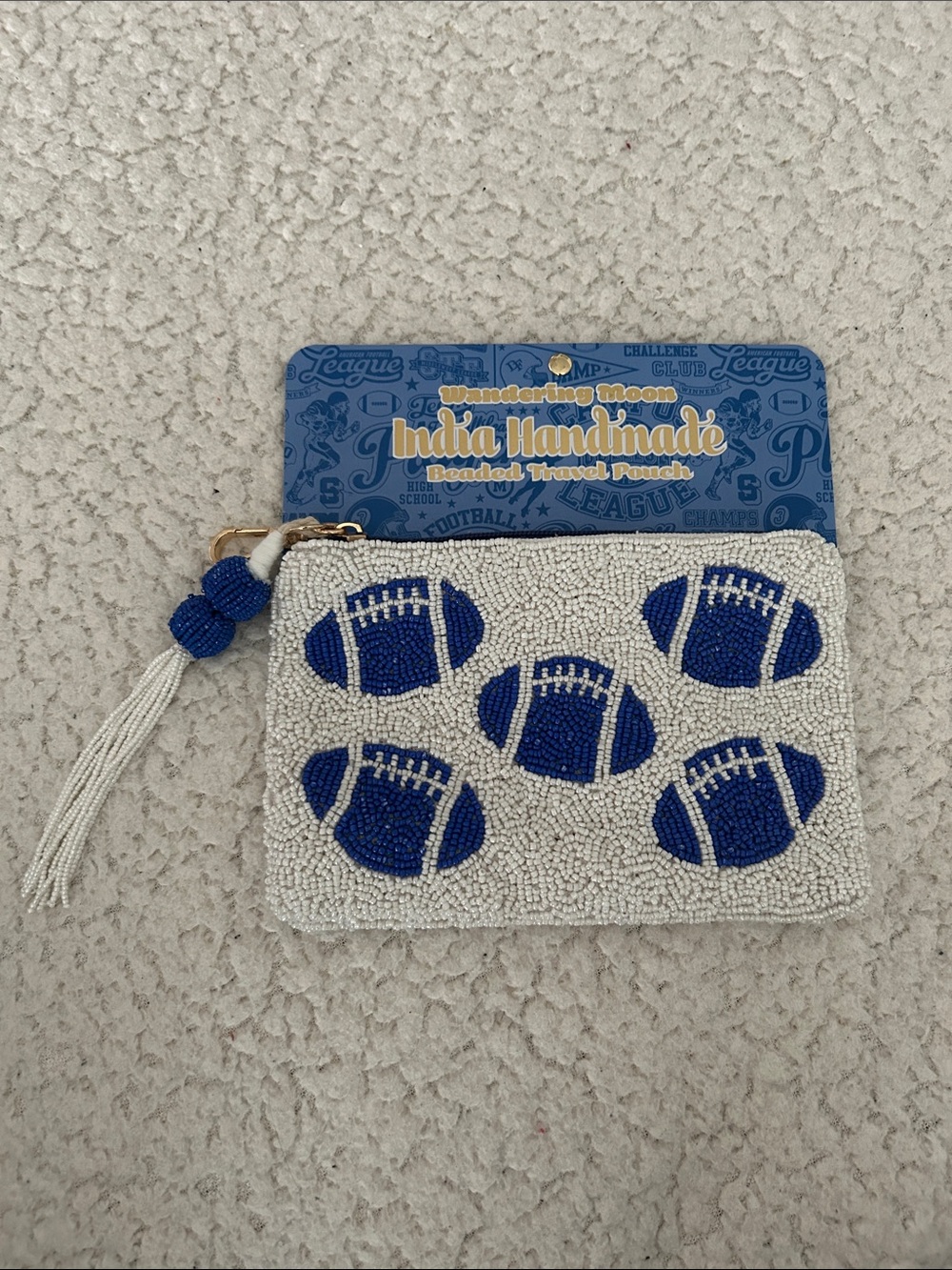 India Handmade Beaded White & Blue Football Wristlet Pouch
